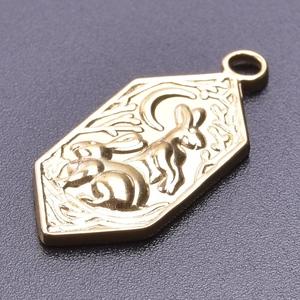 Macro shot of gold hexagon rabbit pendant with moon relief and metallic texture