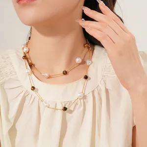 Double-layered baroque pearl and tiger eye stone necklace with vintage gold chain