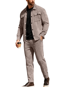 Detail view of men's casual two-piece suit set featuring grey faux suede textured fabric