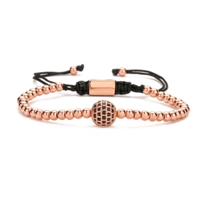 Handmade woven bracelet with rose gold beads and black micro-pave zircon ball