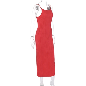 Close-up of red bodycon maxi dress featuring unique 3D pleated texture and slim straps