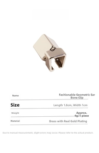 Detail view of silver geometric ear bone clip with dimensions 1.8cm x 1cm in brass
