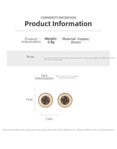 Detail view of 1.5cm zircon round earrings with weight specs and material information