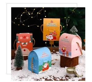Set of four colorful Christmas gift boxes with reindeer and snowman designs and gold handles