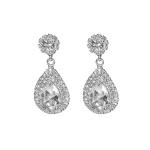 Sparkling silver teardrop pendant earrings with brilliant rhinestones on white background