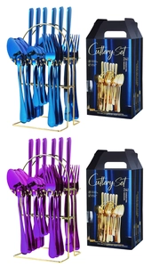 Detail view of 24-piece blue and purple stainless steel cutlery sets with golden racks