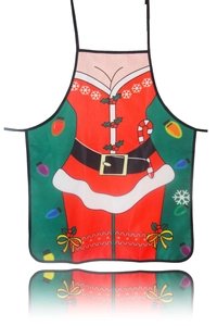 Détail à plat du tablier de Noël avec imprimé costume de Père Noël et motifs festifs