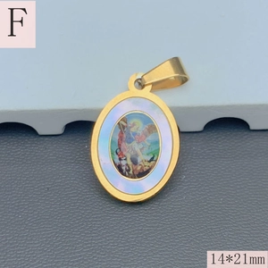Detail of 14x21mm oval gold stainless steel pendant with religious icon and pearl inlay