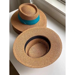 Straw sun hat with turquoise ribbon, flat top wide brim beach hat for women summer