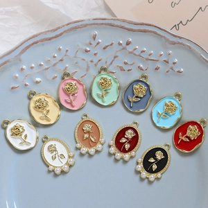 Vintage enamel rose charms with pearl borders in various colors for jewelry making
