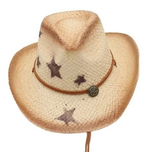 Close-up of star print straw cowboy hat with woven cord and vintage buckle detail