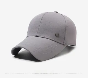 Side view of grey baseball cap for older men showing textured fabric and metal detail