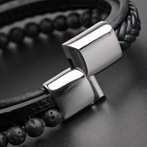 Men's retro braided black leather bracelet with volcanic beads and polished steel clasp