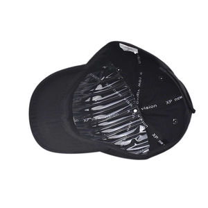 Internal view of black short brim baseball cap with XP new vision inner lining and sturdy seams