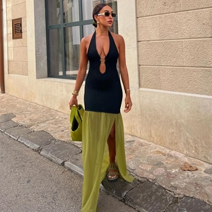 Sexy Damen Neckholder Maxikleid Strick Chiffon Patchwork Tiefer V-Ausschnitt Ausschnitt Hoher Schlitz Zweifarbig Urlaub Party
