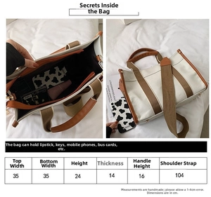 Size chart for canvas tote bag with 35cm width and details on handles and shoulder strap