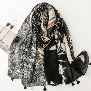 Leopard Floral Print Scarf Lightweight Voile Shawl With Tassels Color Block Fashion Wraps For Women