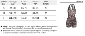 Leopard print halter jumpsuit size chart with measurements for bust, waist, hips, and length