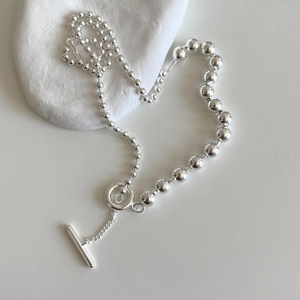 925 Sterling Silver Beaded Necklace Minimalist OT Toggle Clasp T-Bar Chain Modern Chic Fine Jewelry For Women