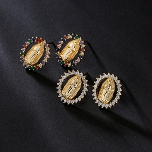 Our Lady Of Guadalupe Stud Earrings 18K Gold Plated Brass Virgin Mary Religious Jewelry With Colorful Cubic Zirconia
