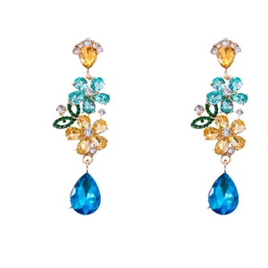 Vintage flower tassel earrings with colorful rhinestones and gold metal base
