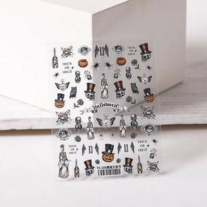 Halloween TS186 nail art stickers with vintage pumpkin, skull, and ghost sketch designs
