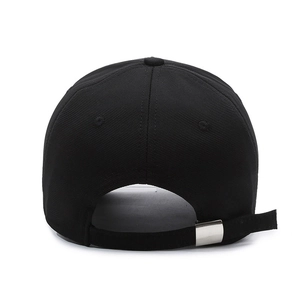 Rear view of black cotton baseball cap with adjustable metal buckle and twill fabric texture