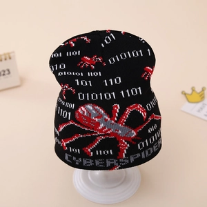 Detailed view of cyberpunk jacquard knit spider hat with binary code and text