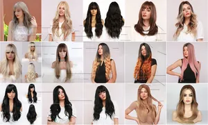 Collage of long synthetic hair wigs in blonde, brown, and ombre pink colors with bangs