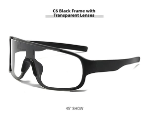 Detailed close-up view of one-piece big frame cycling sunglasses with clear lens.
