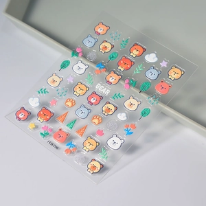 5D embossed nail art stickers featuring cute cartoon bear designs with 3D relief texture