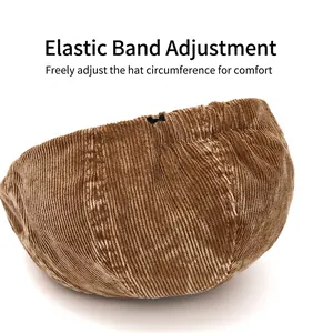 British style brown corduroy newsboy cap with elastic band for adjustable head size