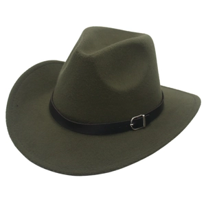 Detail of olive green cowboy hat with a black leather band and silver buckle