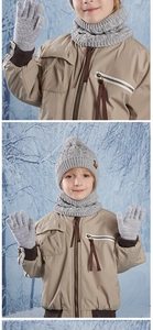 Close-up of kids' winter grey knit set including pom-pom hat, scarf, and gloves