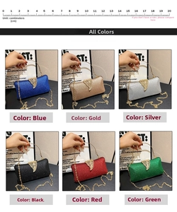 Detailed view of elegant clutch bags in six colors with gold leaf clasp and chain strap