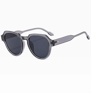 Detail view of transparent grey square sunglasses with high-quality metal hinges