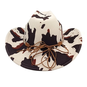 Classic western cow print cowboy hat with brown leather strap decoration for outdoor sun protection