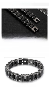 Macro detail of 230mm vintage black stainless steel bicycle chain bracelet for men