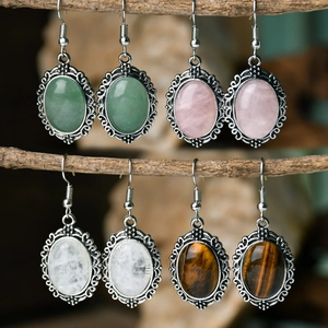 Vintage Bohemian Hollow Oval Natural Stone Dangle Earrings Retro Alloy Geometric Drop Earrings For Women Jewelry Gift