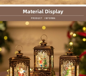 Close-up of vintage bronze Christmas lanterns with snow globe effect and holiday figurines