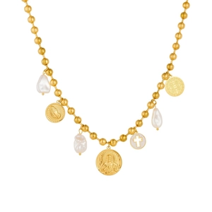 Gold plated stainless steel necklace with pearl charms and religious coin pendants