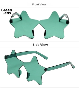 Front and side views of star-shaped rimless sunglasses in transparent green finish