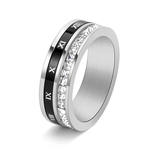 Stainless steel spinner ring with black Roman numerals and a row of square cubic zirconia