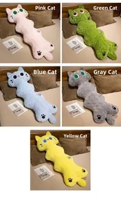 Detailed view of long cat plush pillows available in pink, green, blue, grey, and yellow
