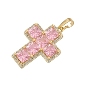 Golden hip hop cross pendant with pink square cubic zirconia stones and pave setting