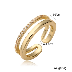 Double-layered 18K gold plated open ring with cubic zirconia stones on white background
