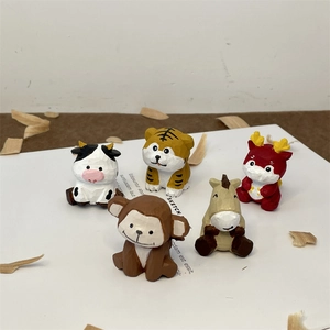 Set of 5 miniature hand-carved wooden animal figurines with detailed textures and cute style