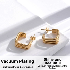 Close-up of triple-layered gold geometry earrings featuring premium vacuum plating finish