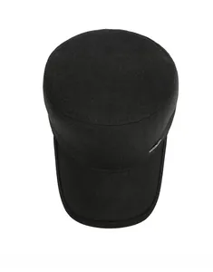 Top view of black cadet hat featuring herringbone texture and silver metal side button