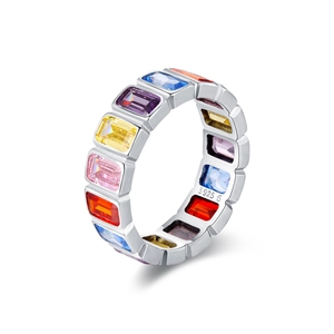 S925 sterling silver multi-color gemstone ring with rectangular colorful stones